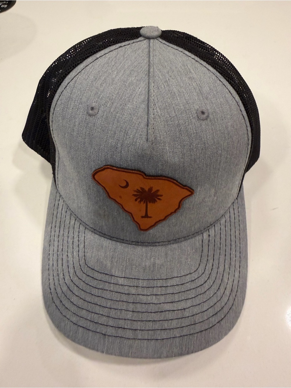 Gray Trucker Cap with Brown Leather Patch